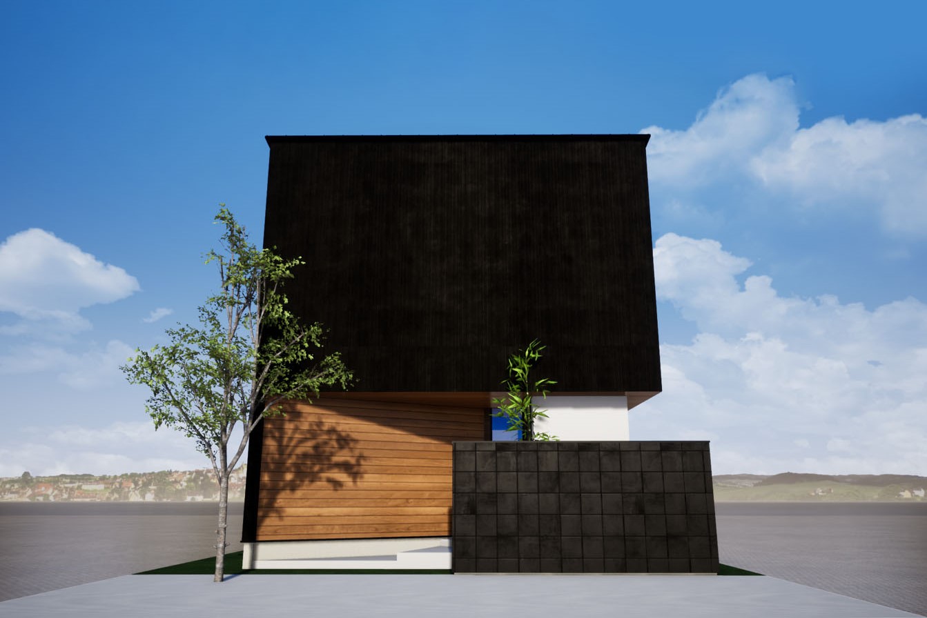 木目で安らぐ、黒と橙の家