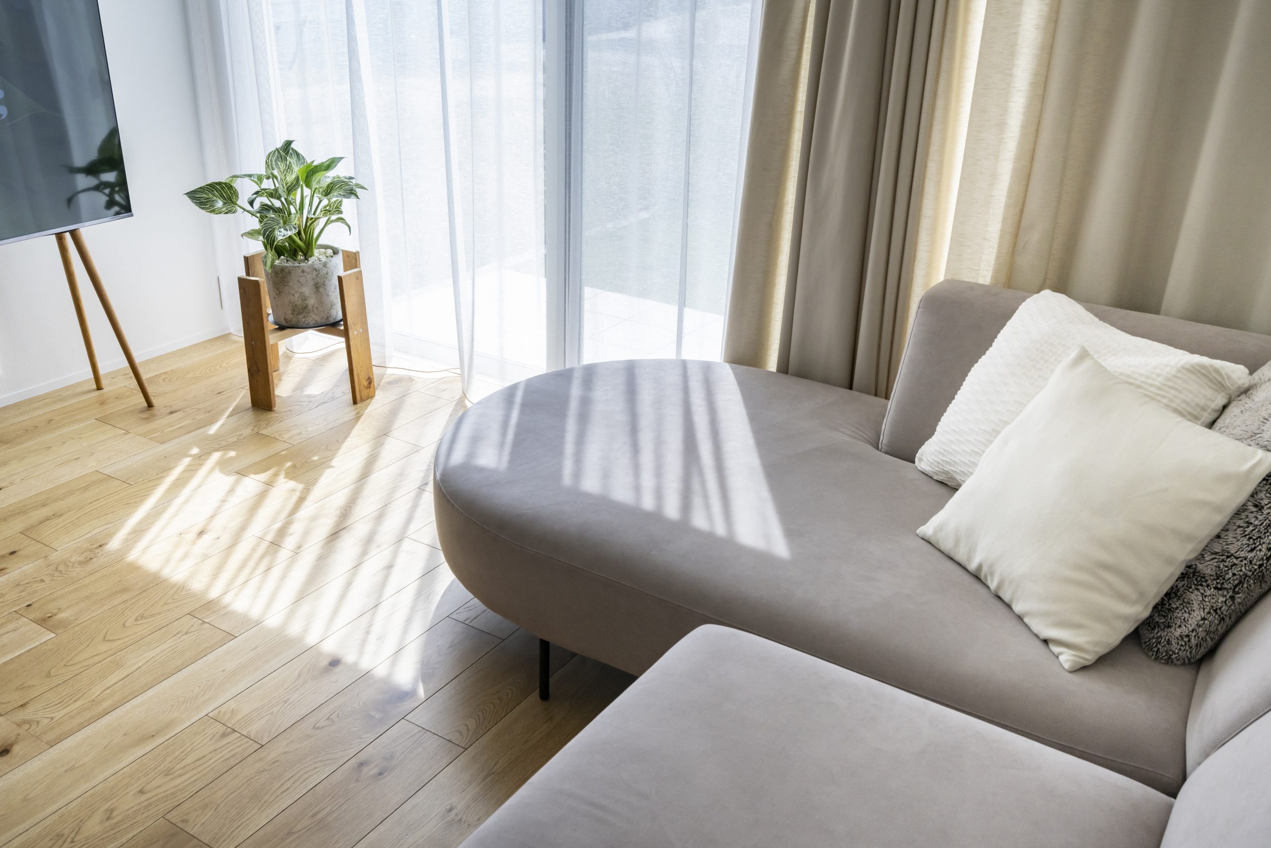 白とベージュが調和する平屋。